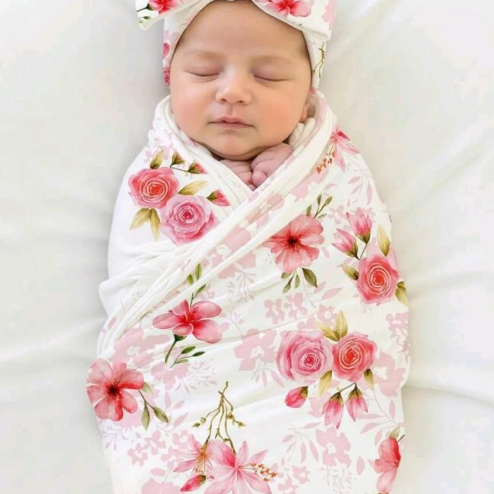Floral Baby Swaddle and Headband Set 0-1 Months Lullasweet Pink And White